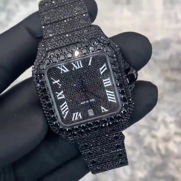 Men Iced Out Black Diamond Wrist Watch| Moissanite watch