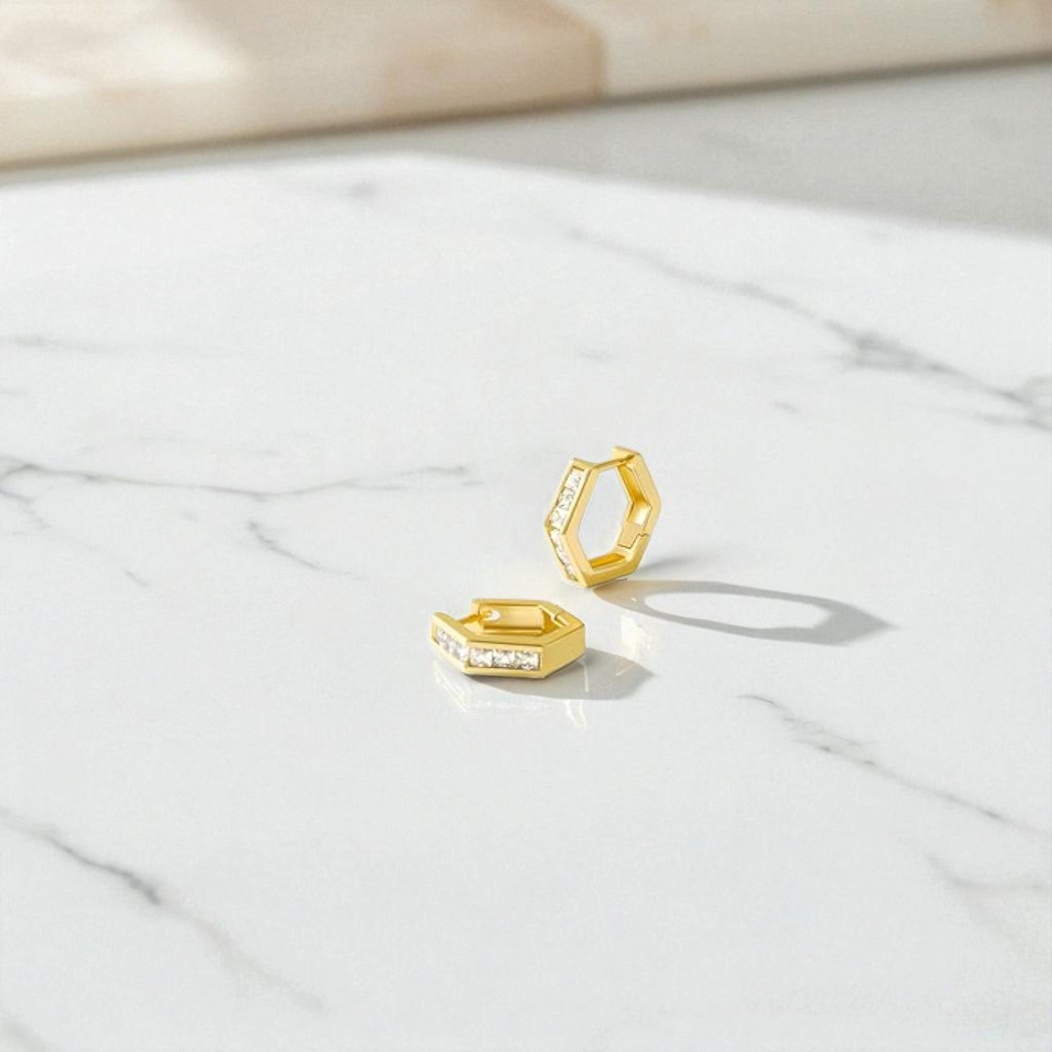 Hexagon Hoop Earrings • Princess Cut Lab Grown Diamonds Hoops  14K Gold