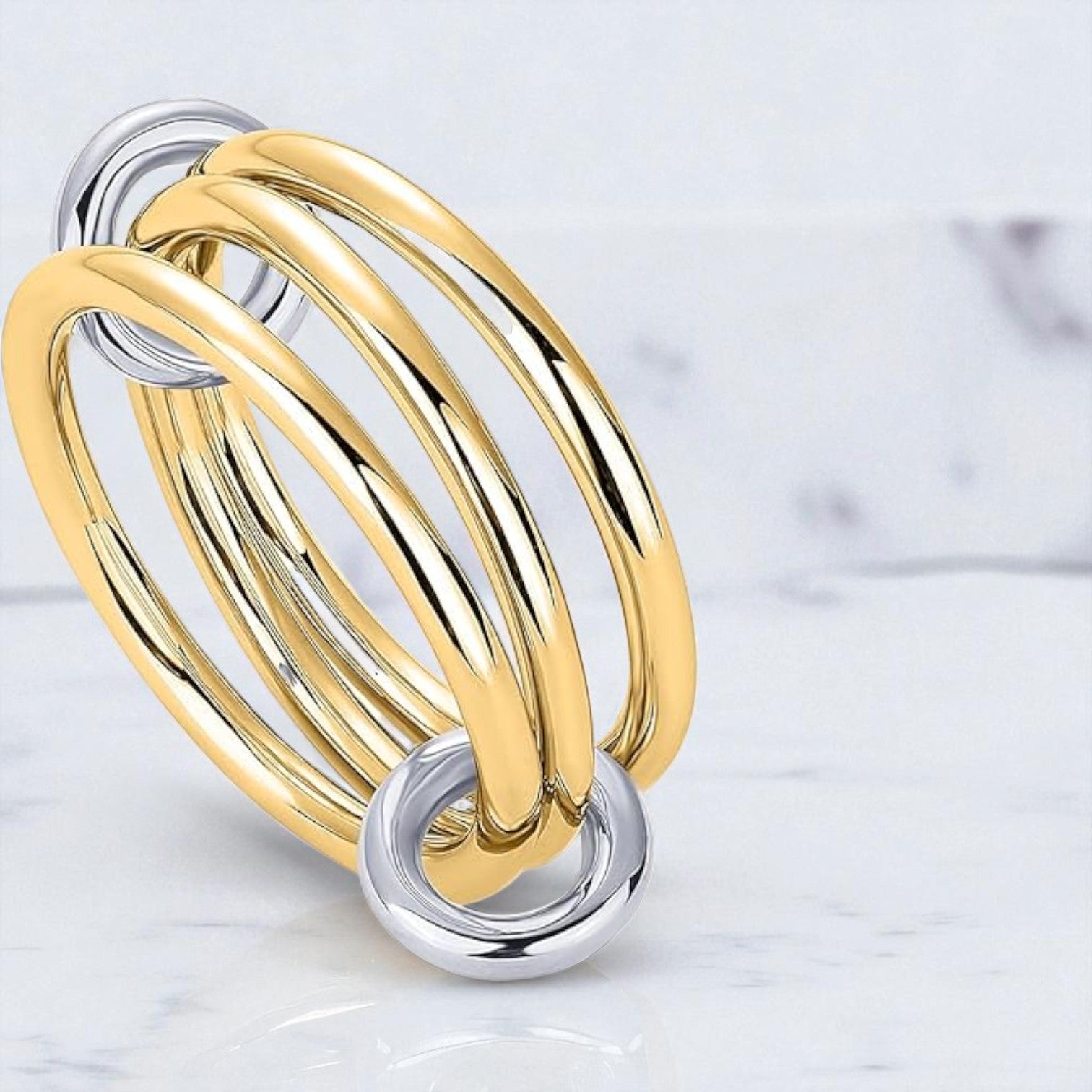14K Solid Gold Interlocked Ring: Two-Tone Stackable Bands,Multi Link Connector Ring