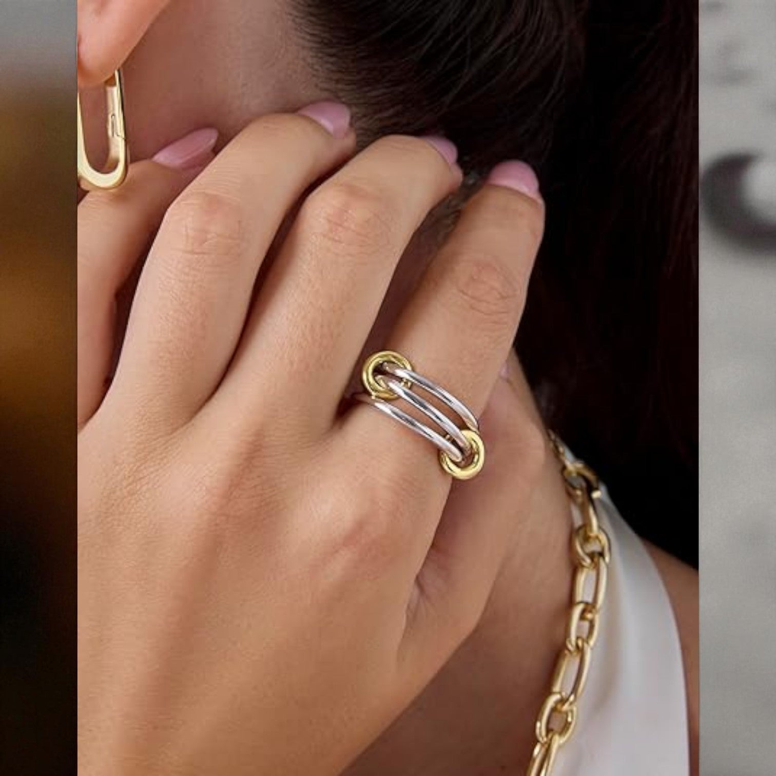 14K Solid Gold Interlocked Ring: Two-Tone Stackable Bands,Multi Link Connector Ring