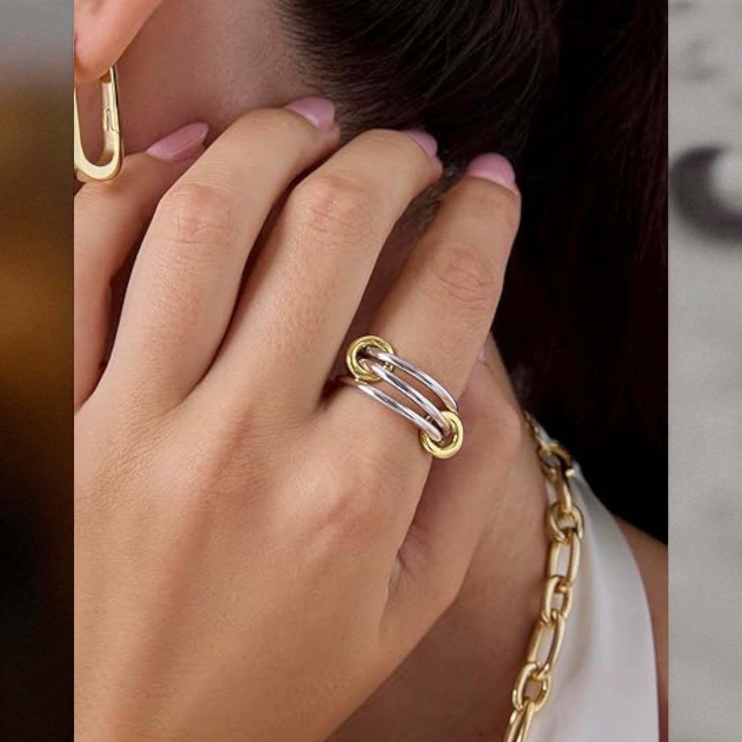 14K Solid Gold Interlocked Ring: Two-Tone Stackable Bands
