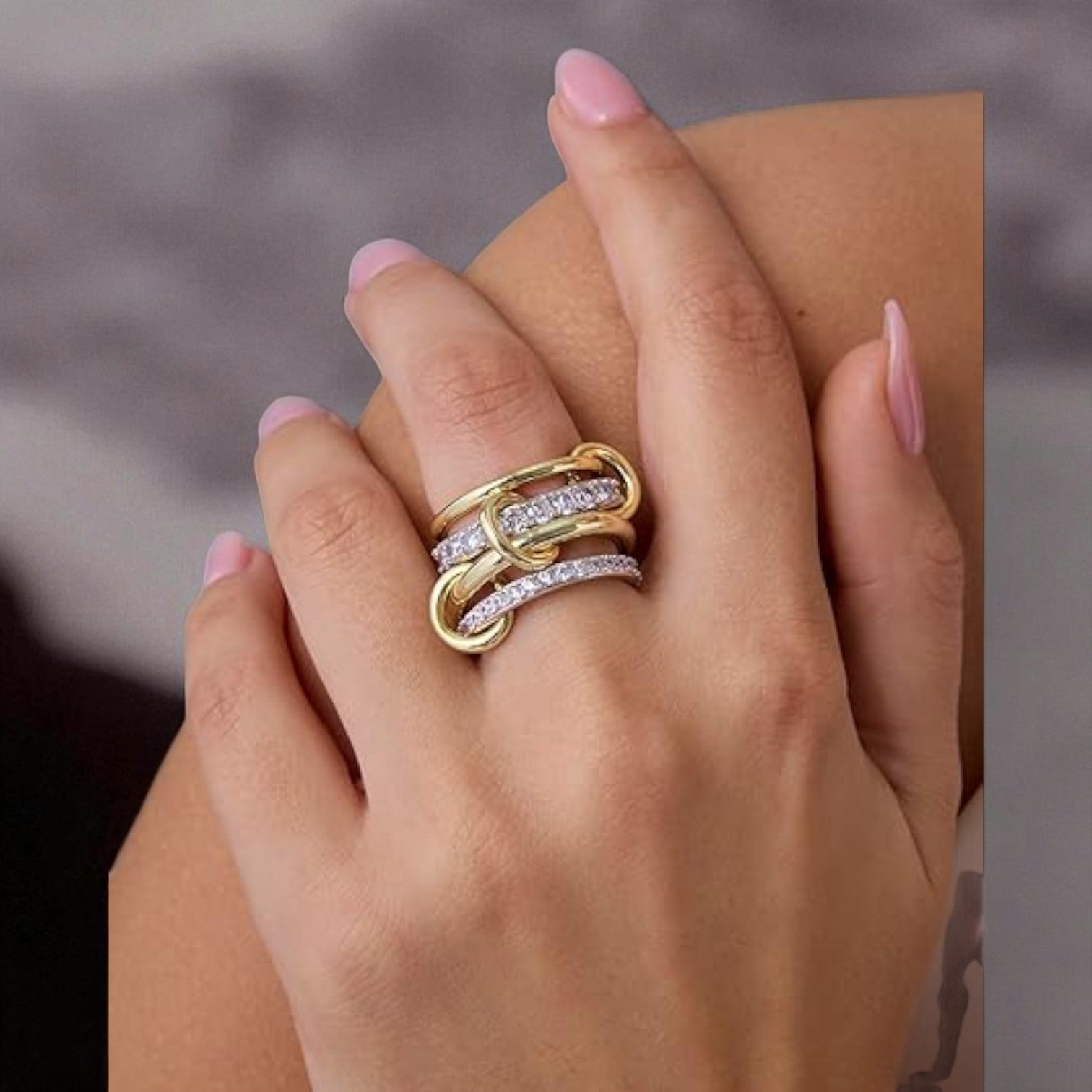14K Solid Two-Toned Gold Lab Grown Diamond Interlocked Multi-Band Ring