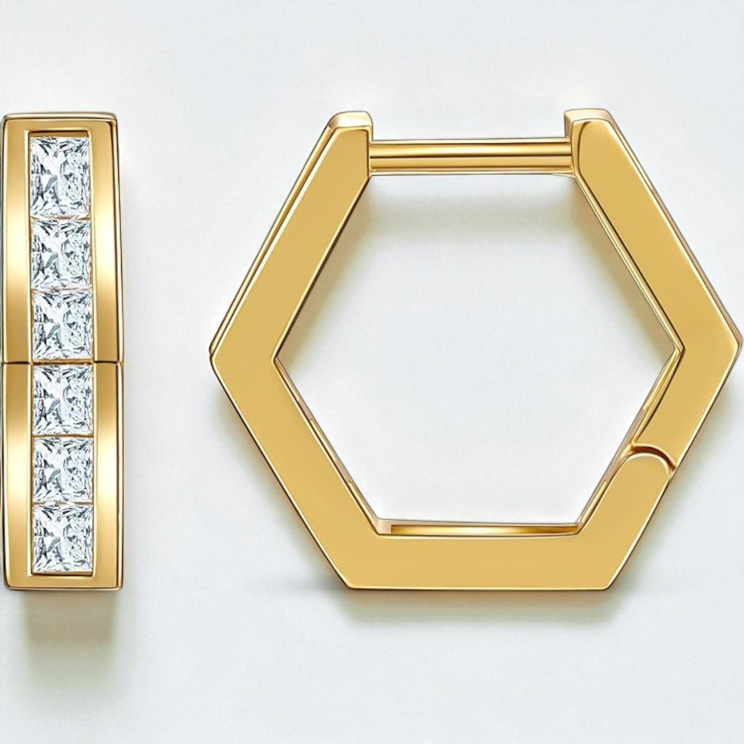 Hexagon Hoop Earrings • Princess Cut Lab Grown Diamonds Hoops  14K Gold