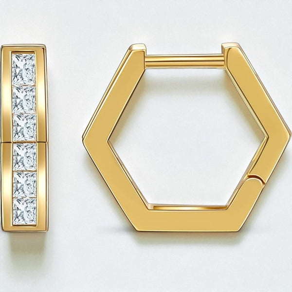 Hexagon Hoop Earrings • Princess Cut Lab Grown Diamonds Hoops  14K Gold