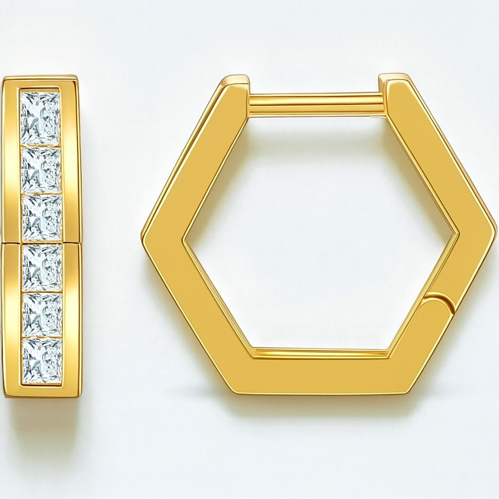 Hexagon Hoop Earrings • Princess Cut Lab Grown Diamonds Hoops  14K Gold