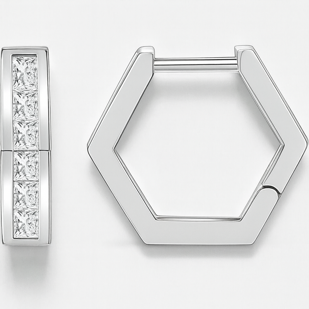 Hexagon Hoop Earrings • Princess Cut Lab Grown Diamonds Hoops  14K Gold