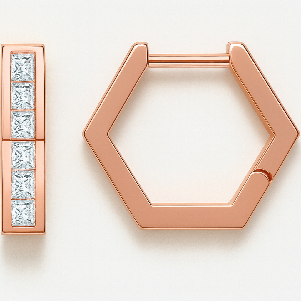 Hexagon Hoop Earrings • Princess Cut Lab Grown Diamonds Hoops  14K Gold