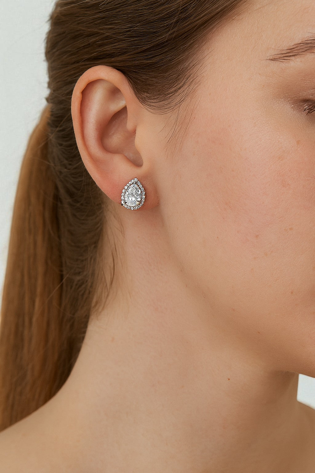 Pear Shape Lab Grown Diamond Halo Earrings • 14K Rose Gold Stud Earrings