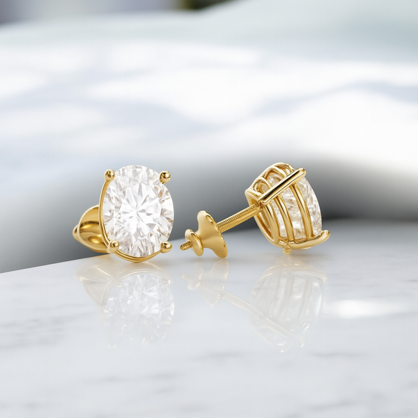 Oval Lab Grown Diamond Stud Earrings • 14K Yellow Gold Solitaire Studs