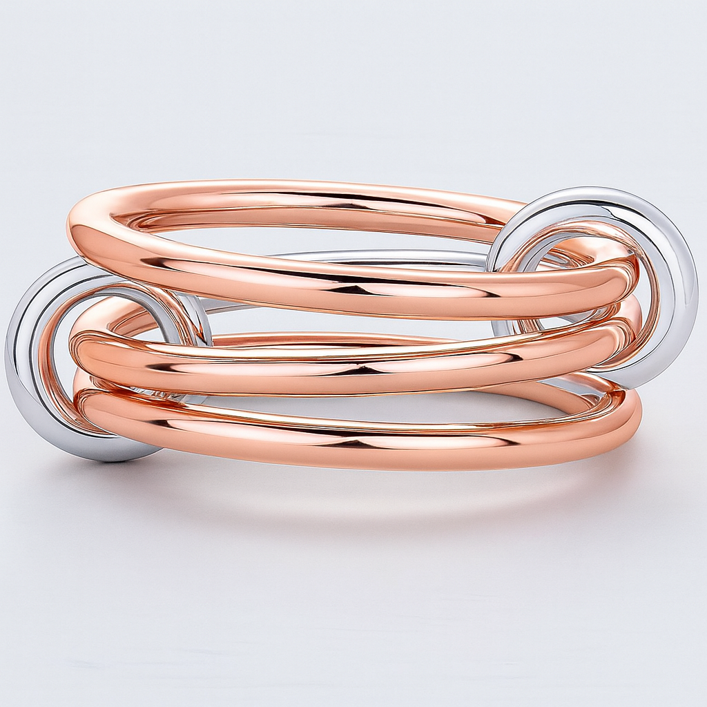 14K Solid Gold Interlocked Ring: Two-Tone Stackable Bands,Multi Link Connector Ring