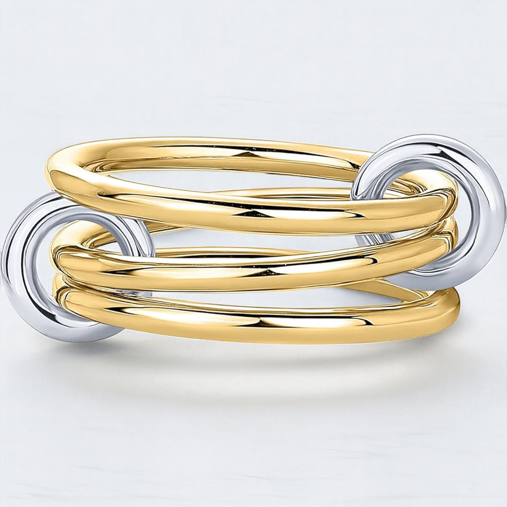 14K Solid Gold Interlocked Ring: Two-Tone Stackable Bands,Multi Link Connector Ring