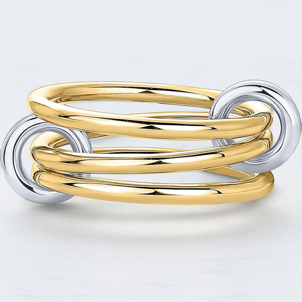 14K Solid Gold Interlocked Ring: Two-Tone Stackable Bands,Multi Link Connector Ring