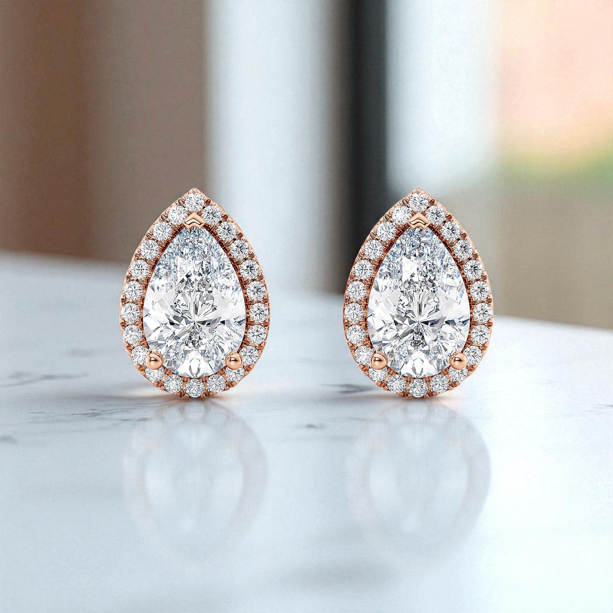 Pear Shape Lab Grown Diamond Halo Earrings • 14K Rose Gold Stud Earrings