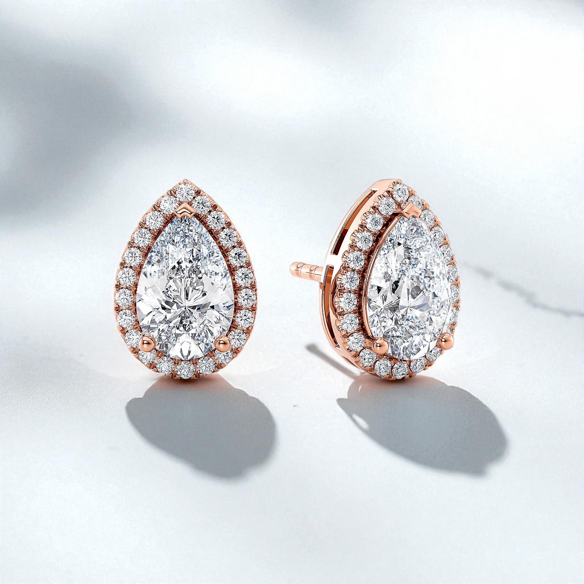 Pear Shape Lab Grown Diamond Halo Earrings • 14K Rose Gold Stud Earrings