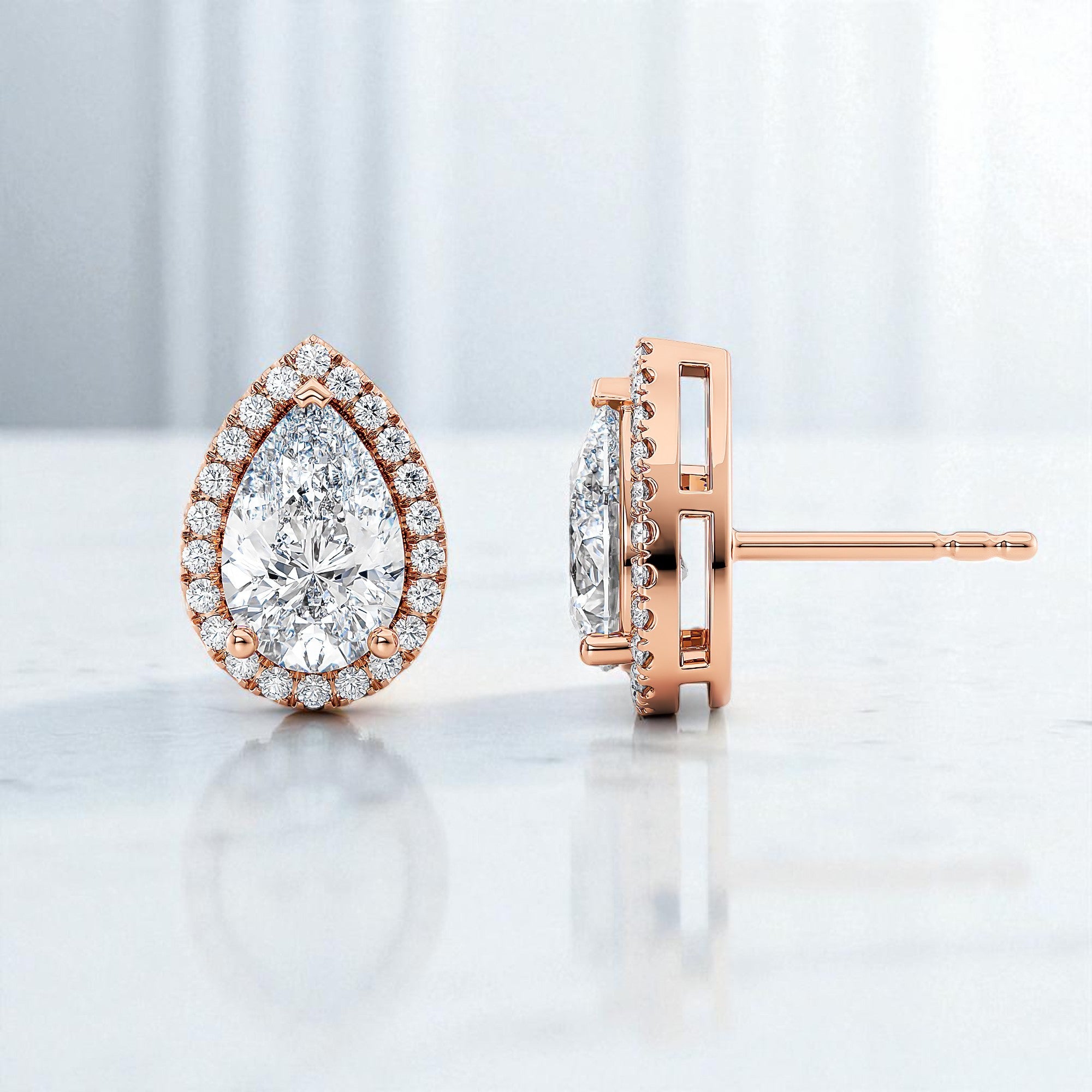 Pear Shape Lab Grown Diamond Halo Earrings • 14K Rose Gold Stud Earrings