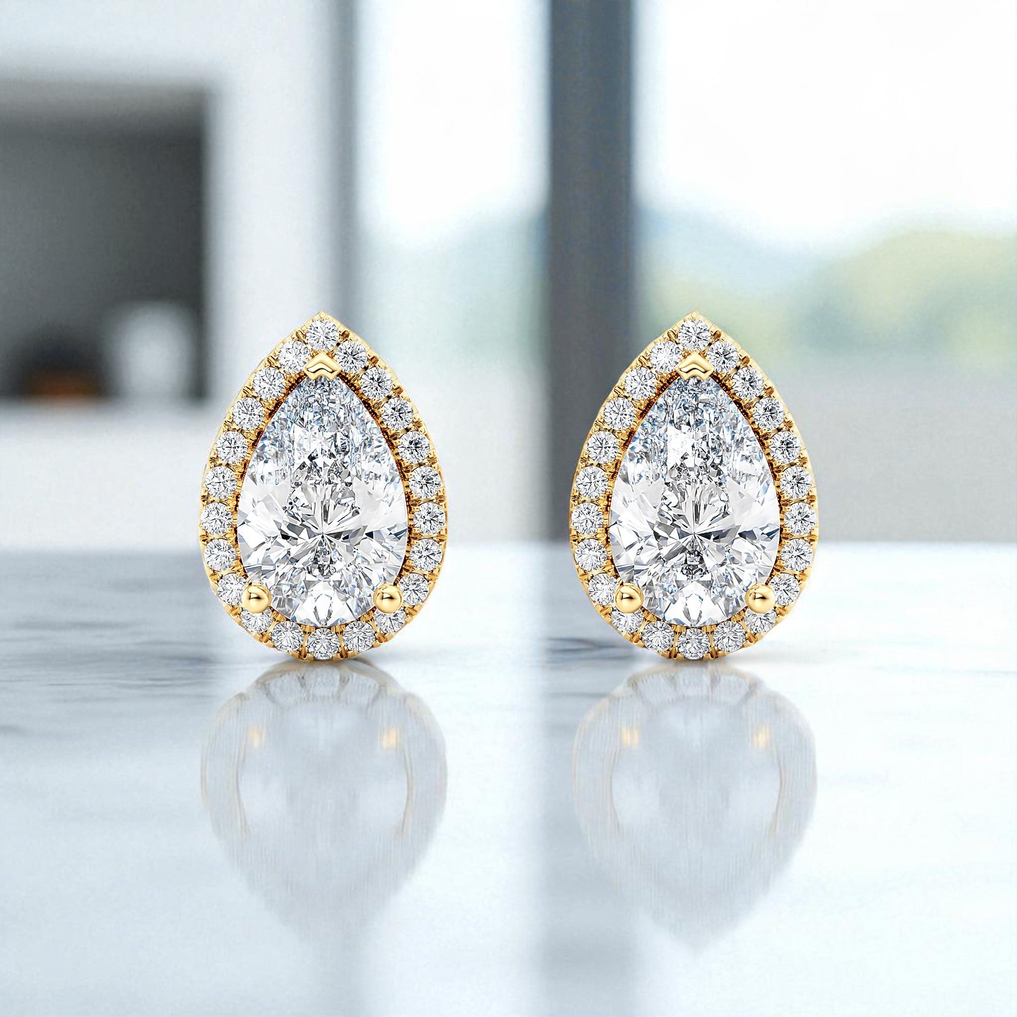 Pear Shape Lab Grown Diamond Halo Earrings • 14K Rose Gold Stud Earrings