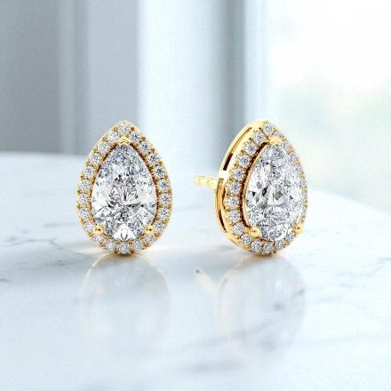 Pear Shape Lab Grown Diamond Halo Earrings • 14K Rose Gold Stud Earrings