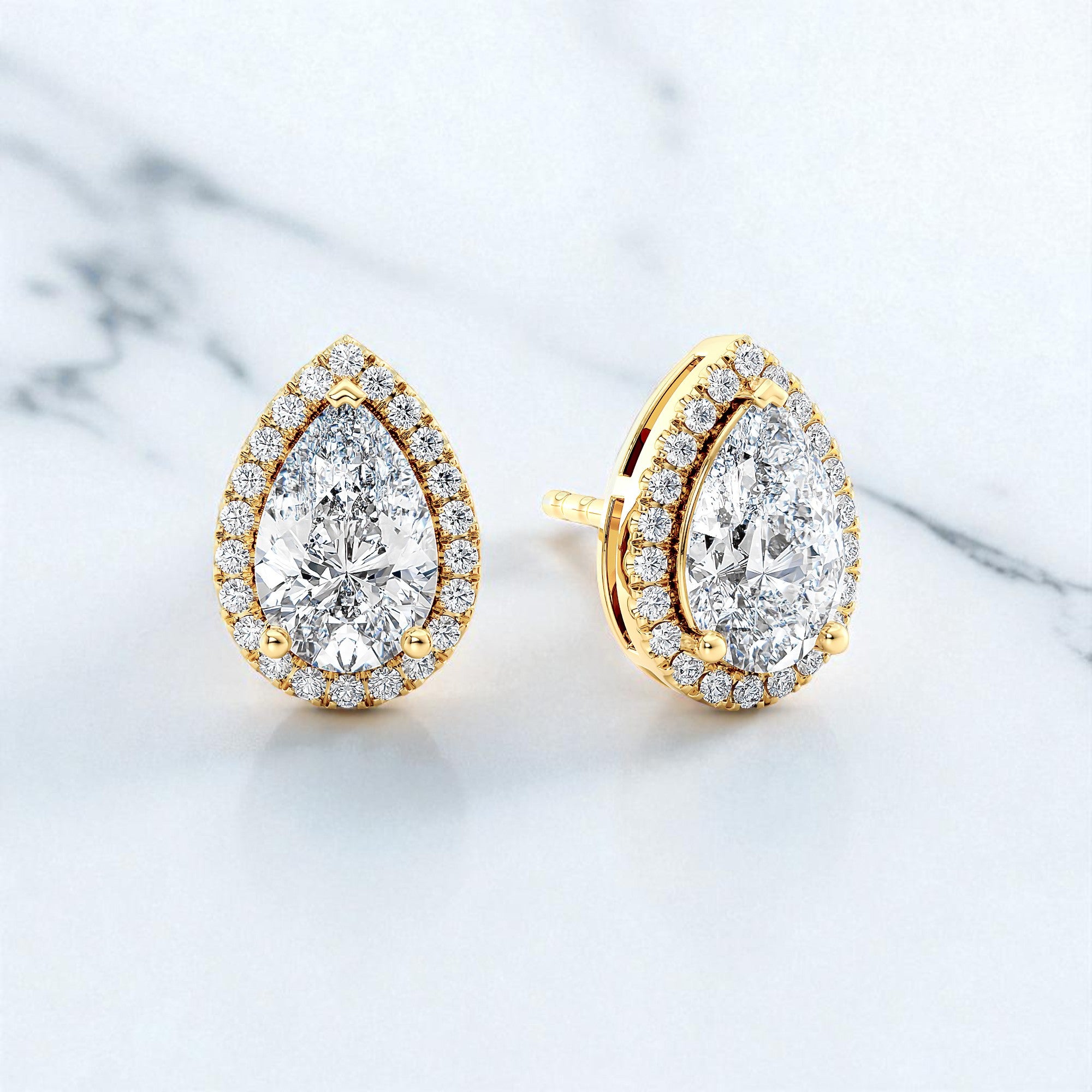 Pear Shape Lab Grown Diamond Halo Earrings • 14K Rose Gold Stud Earrings