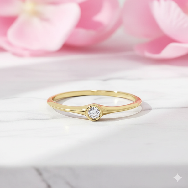 14K Gold Bezel Solitaire Ring • Dainty Moissanite Engagement Ring