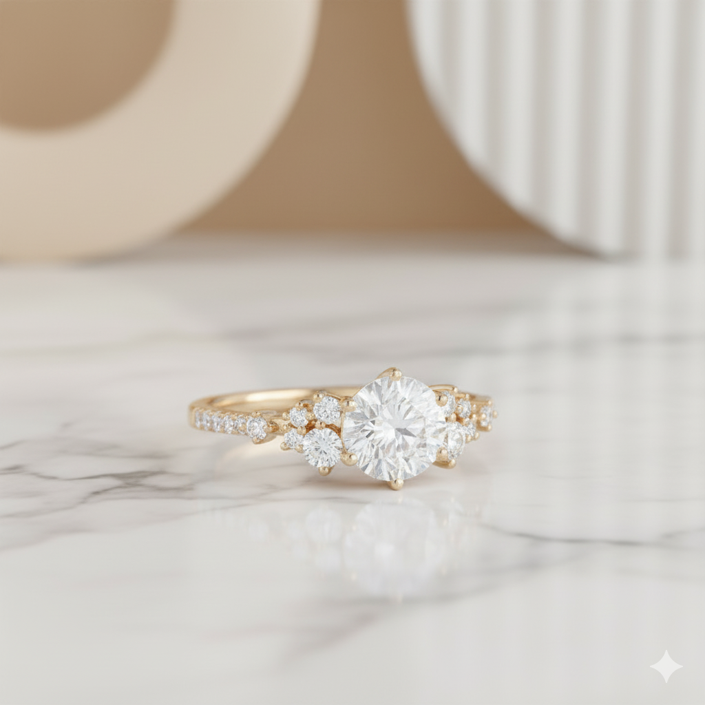 1.300CT Unique Round Cut Moissanite Engagement Ring 14k Yellow Gold