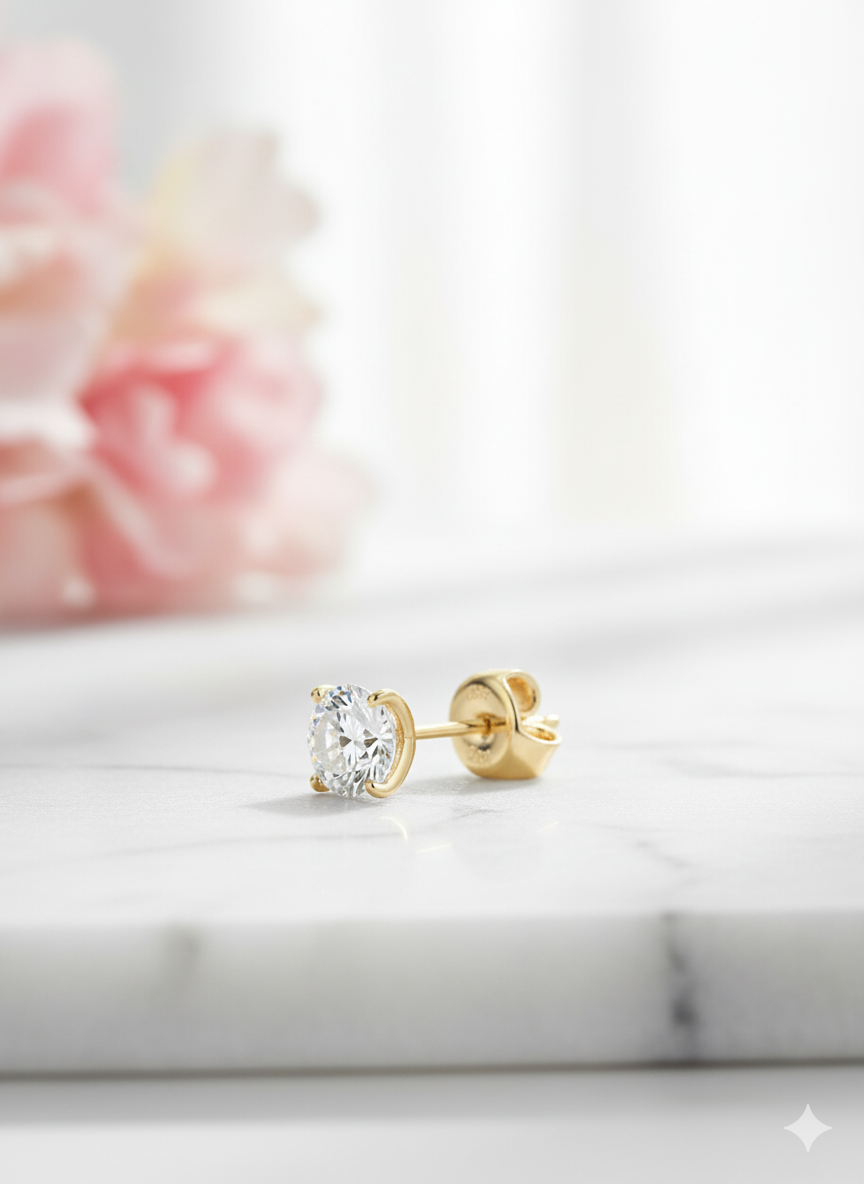 1/2 Carat Round Moissanite Stud Earrings • 14K Yellow Gold Dainty Solitaire Earrings
