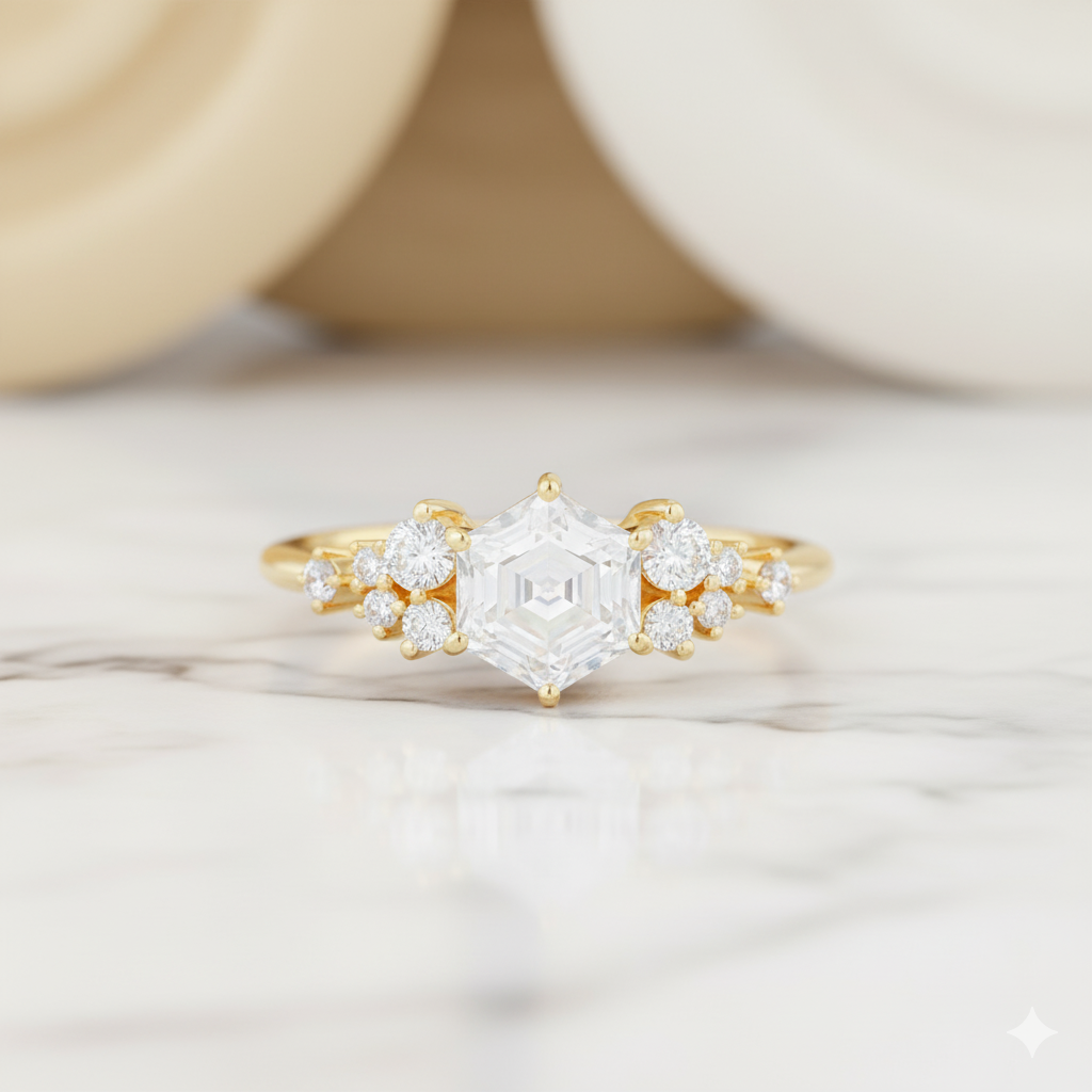 1.200CT Vintage Hexagon Cut Center Stone • Diamond Cluster Bridal Ring