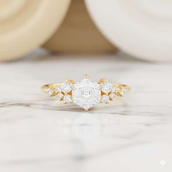 1.200CT Vintage Hexagon Cut Center Stone • Diamond Cluster Bridal Ring