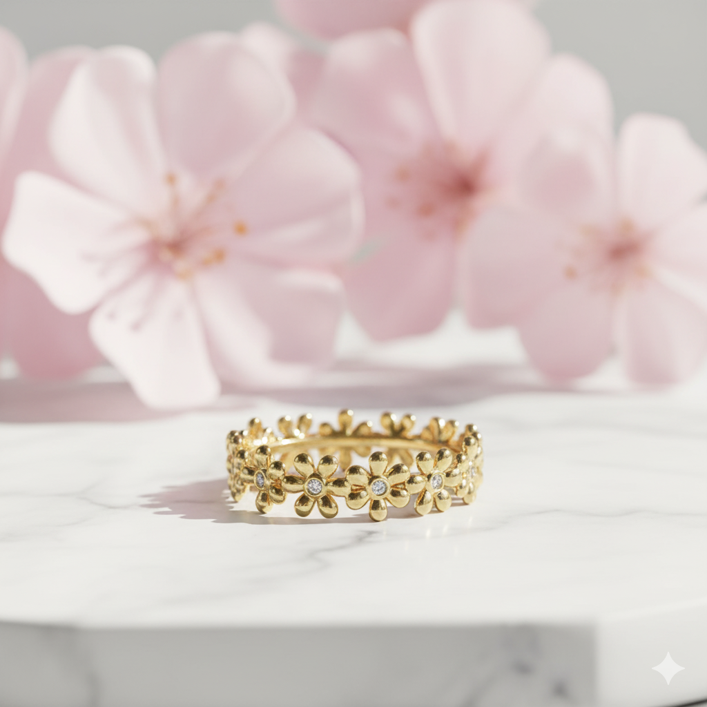 Dainty Daisy Eternity Ring , 14K Solid Gold Floral Moissanite Wedding Band
