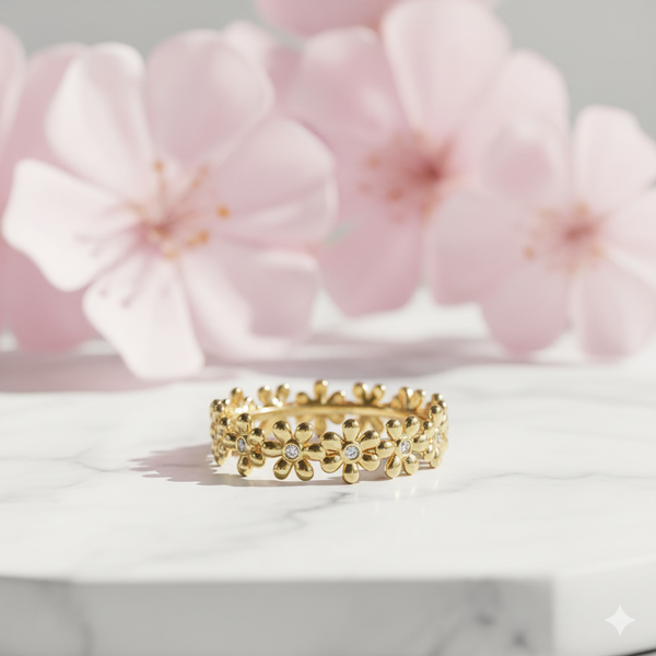 Dainty Daisy Eternity Ring , 14K Solid Gold Floral Moissanite Wedding Band