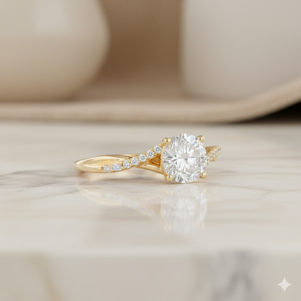 1.08ct Round Cut Moissanite Engagement Ring Twist Split Shank Ring