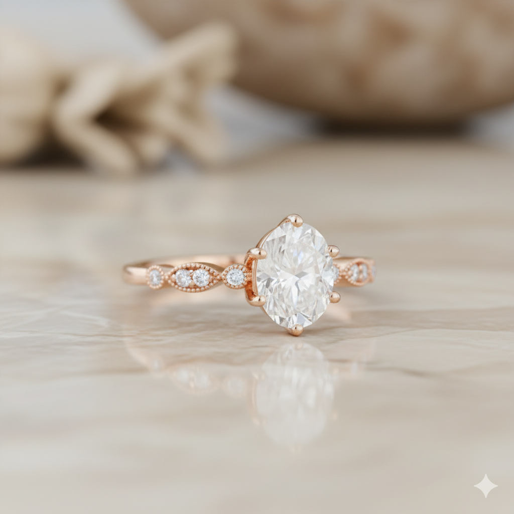 1.330ct Oval Moissanite Engagement Ring • Vintage Milgrain Bridal Ring