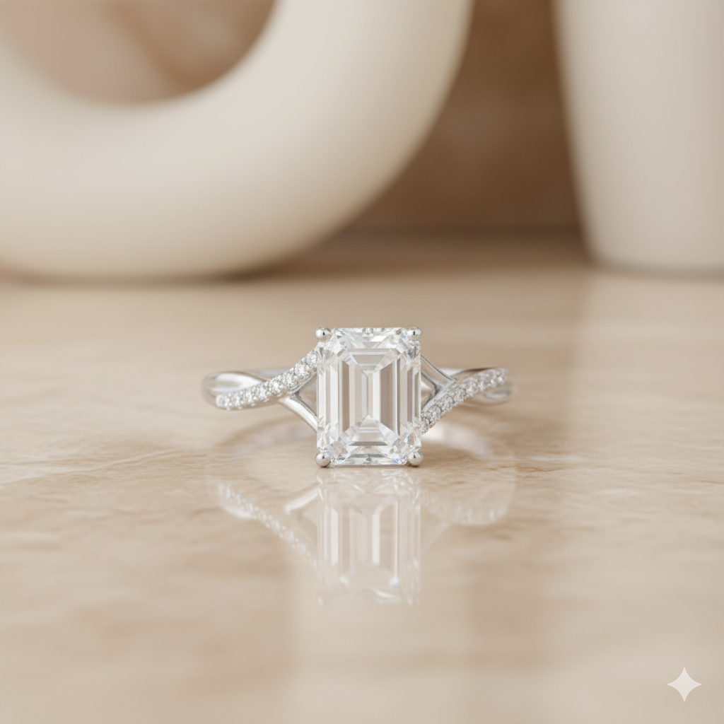 1.330ct Emerald Cut Moissanite Engagement Ring Twist Split Shank Ring