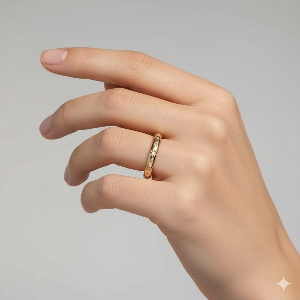 14K Solid Gold Starburst Moissanite Ring • Celestial Wedding Band Women