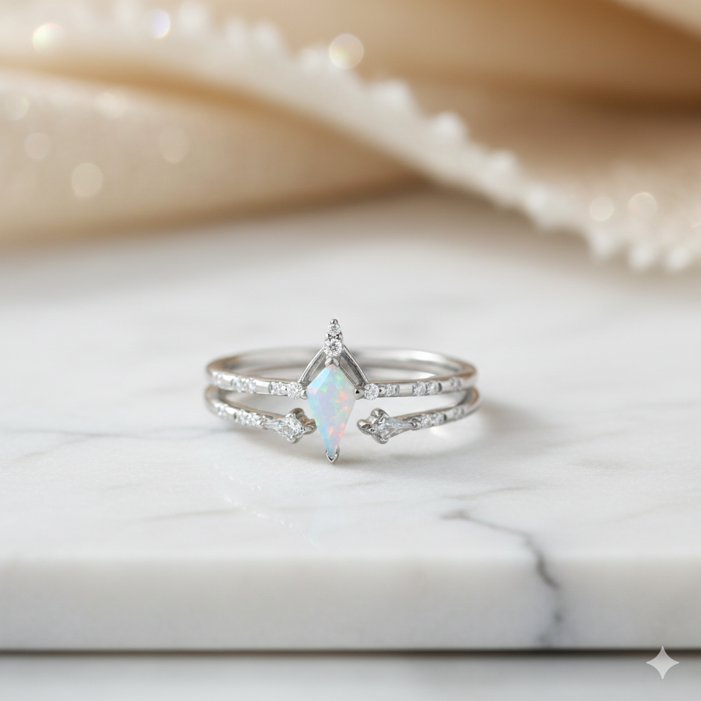 0.725ct Kite Cut Opal Engagement Ring Set