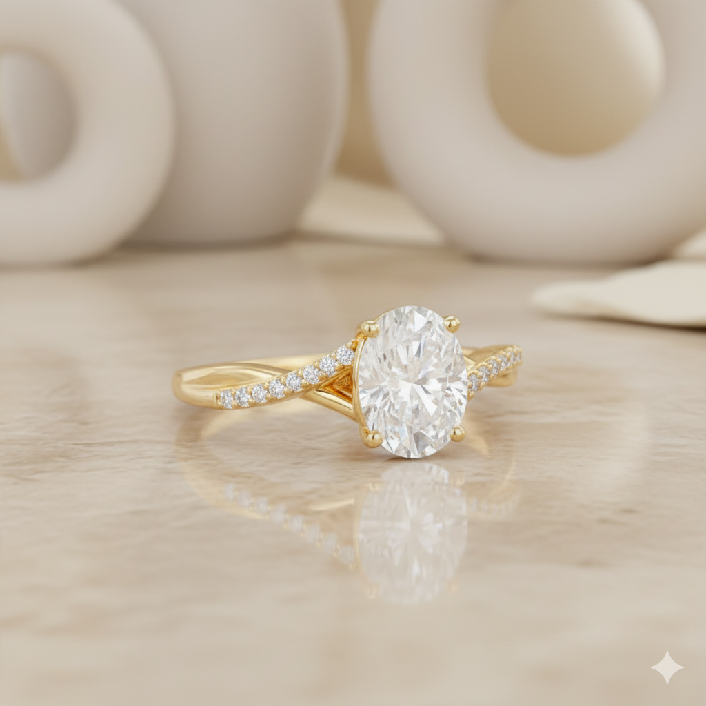 2.50CT Oval Cut Moissanite Engagement Ring • Dainty Twist Split Shank Ring