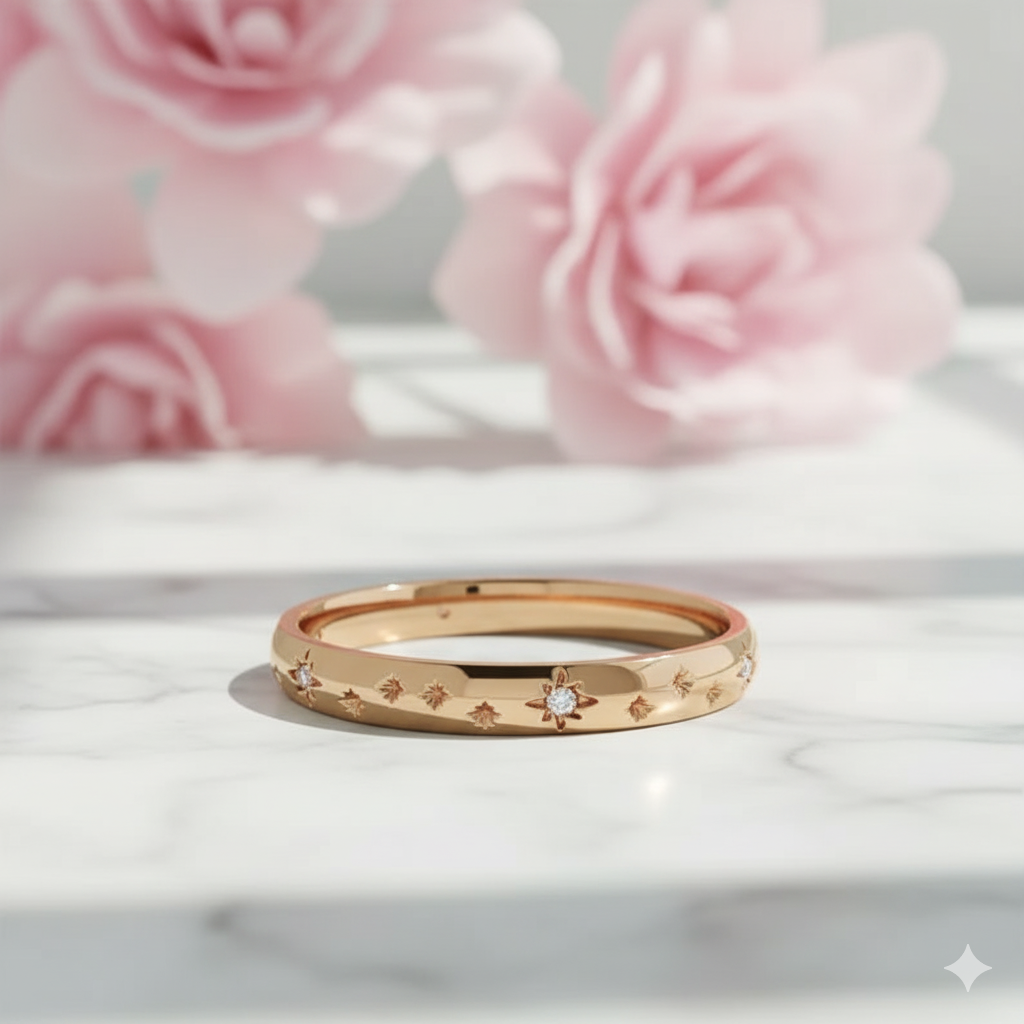 14K Solid Gold Starburst Moissanite Ring • Celestial Wedding Band Women