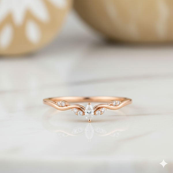 14K Solid Gold Marquise Moissanite Curved Wedding Band