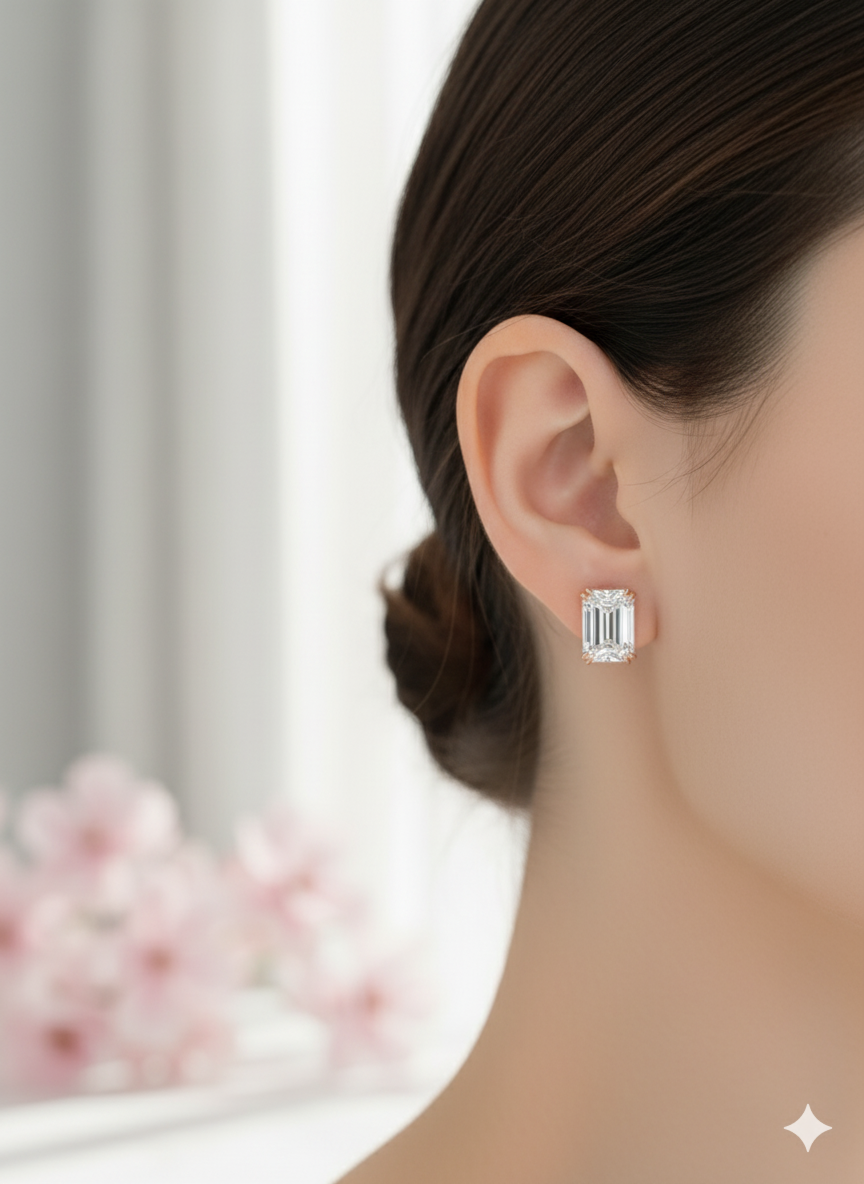 3.00ct Double Scoop Emerald Cut Moissanite Stud Earrings