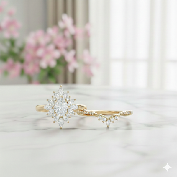 1.70 Ct Pear Cut Moissanite Bridal Ring Set • Marquise Halo Engagement Ring