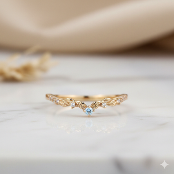 Moonstone Moissanite Curved Band • 14K Gold V Shaped Ring