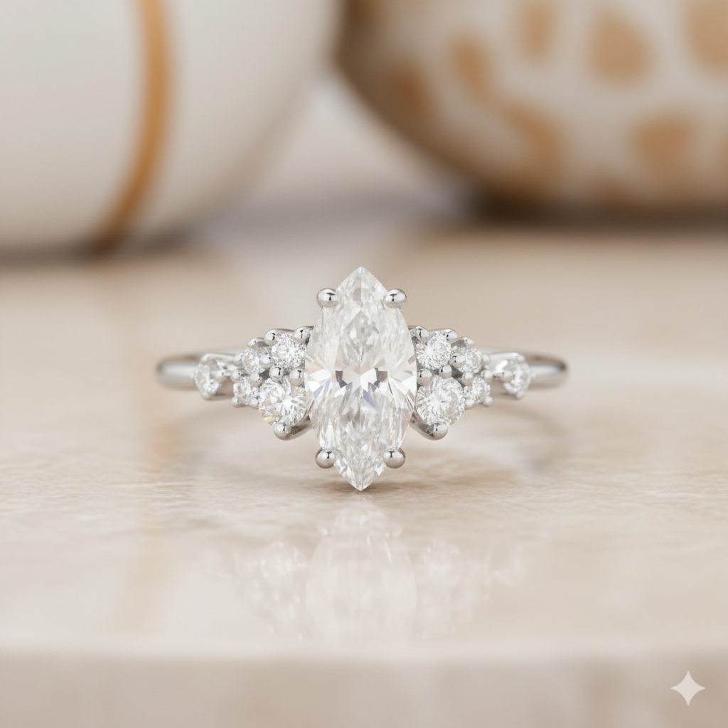 1.20 ct Marquise Cut Moissanite Engagement Ring Vintage Cluster Design