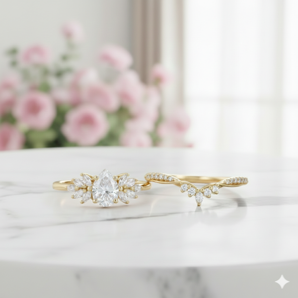 1.60 Ct Pear Cut Moissanite Engagement Ring Set • Unique Leaf Cluster Bridal Set