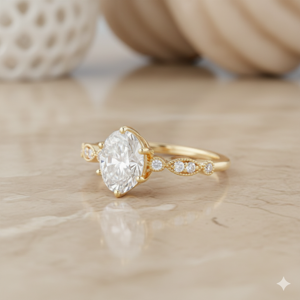 1.330ct Oval Moissanite Engagement Ring • Vintage Milgrain Bridal Ring