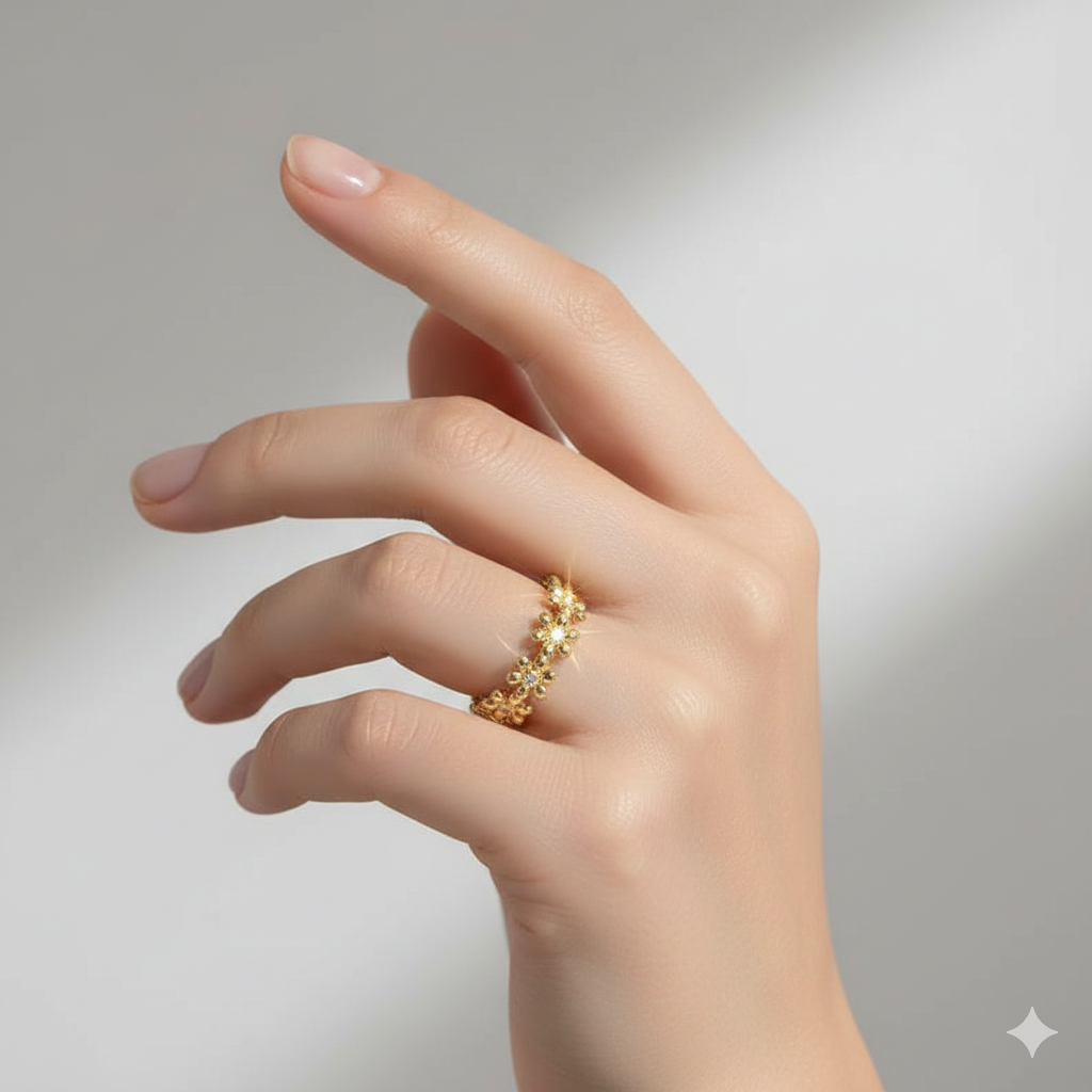 Dainty Daisy Eternity Ring , 14K Solid Gold Floral Moissanite Wedding Band