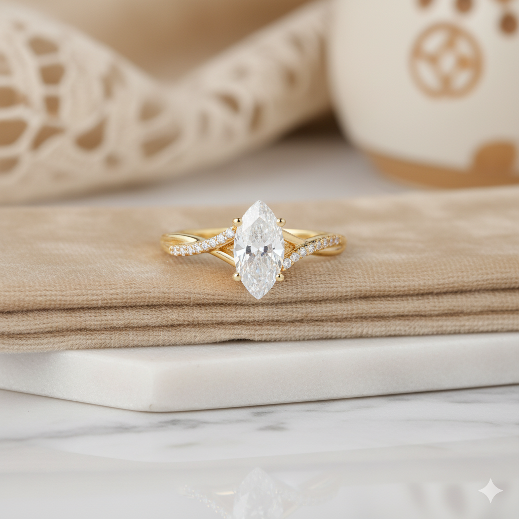 1.08ct Marquise Moissanite Engagement Ring • Rose Gold Split Shank Diamond Ring