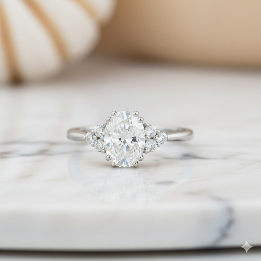 1.400ct Oval Moissanite Engagement Ring • Vintage Cluster Diamond Ring