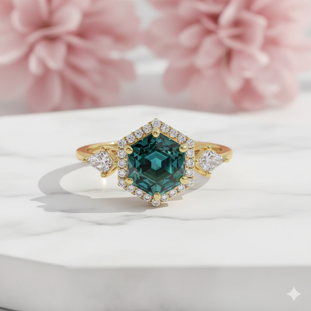 1.320ct Teal Sapphire Hexagon Engagement Ring • Blue Green Hexagon Cut Ring