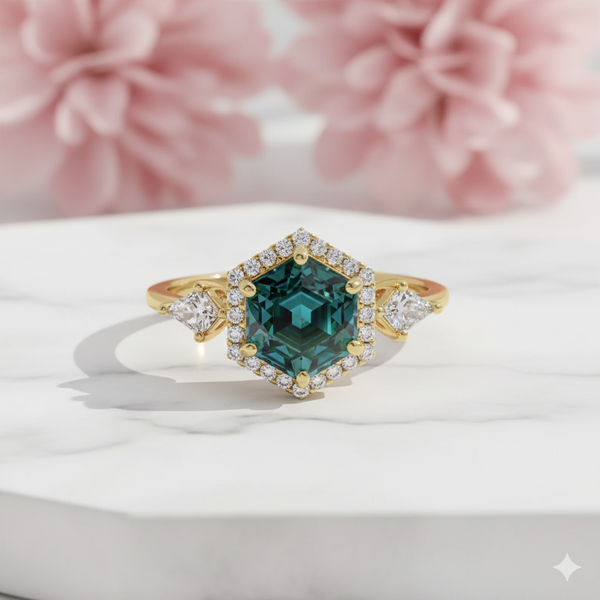 1.320ct Teal Sapphire Hexagon Engagement Ring • Blue Green Hexagon Cut Ring