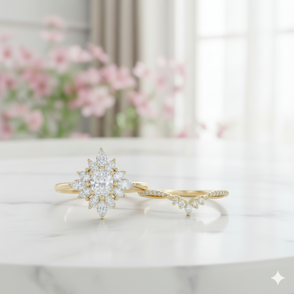 1.10 Ct Oval Cut Moissanite Bridal Ring Set • Vintage Marquise Cluster Engagement Ring