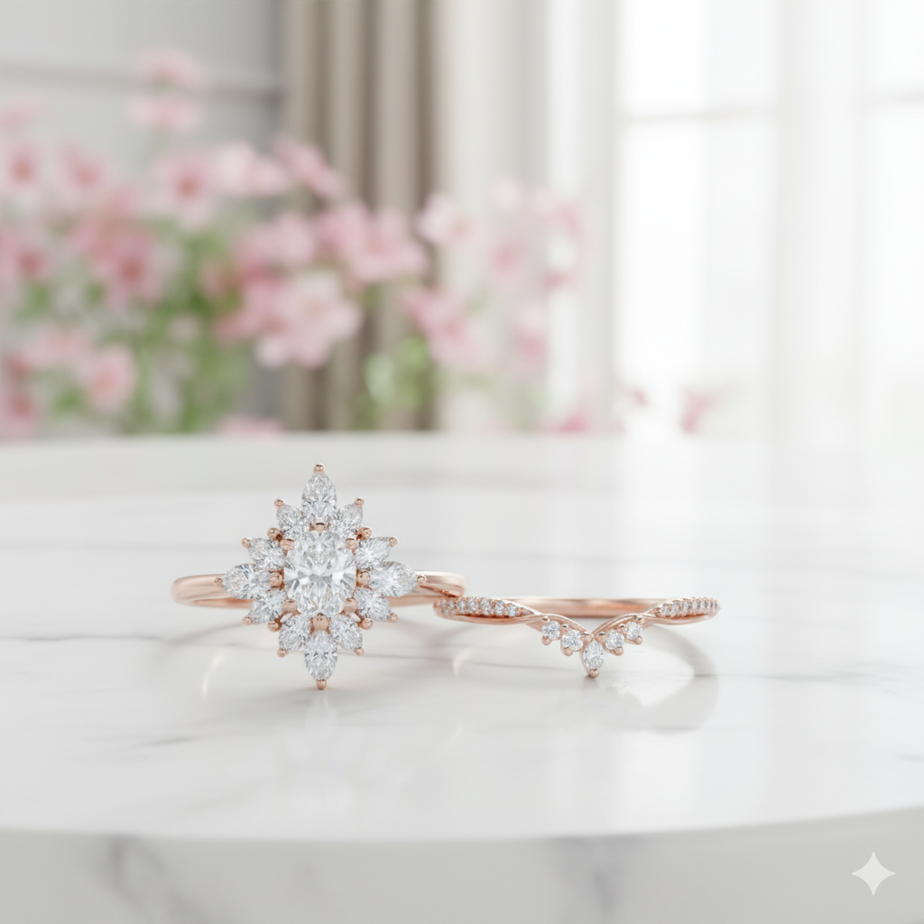 1.10 Ct Oval Cut Moissanite Bridal Ring Set • Vintage Marquise Cluster Engagement Ring